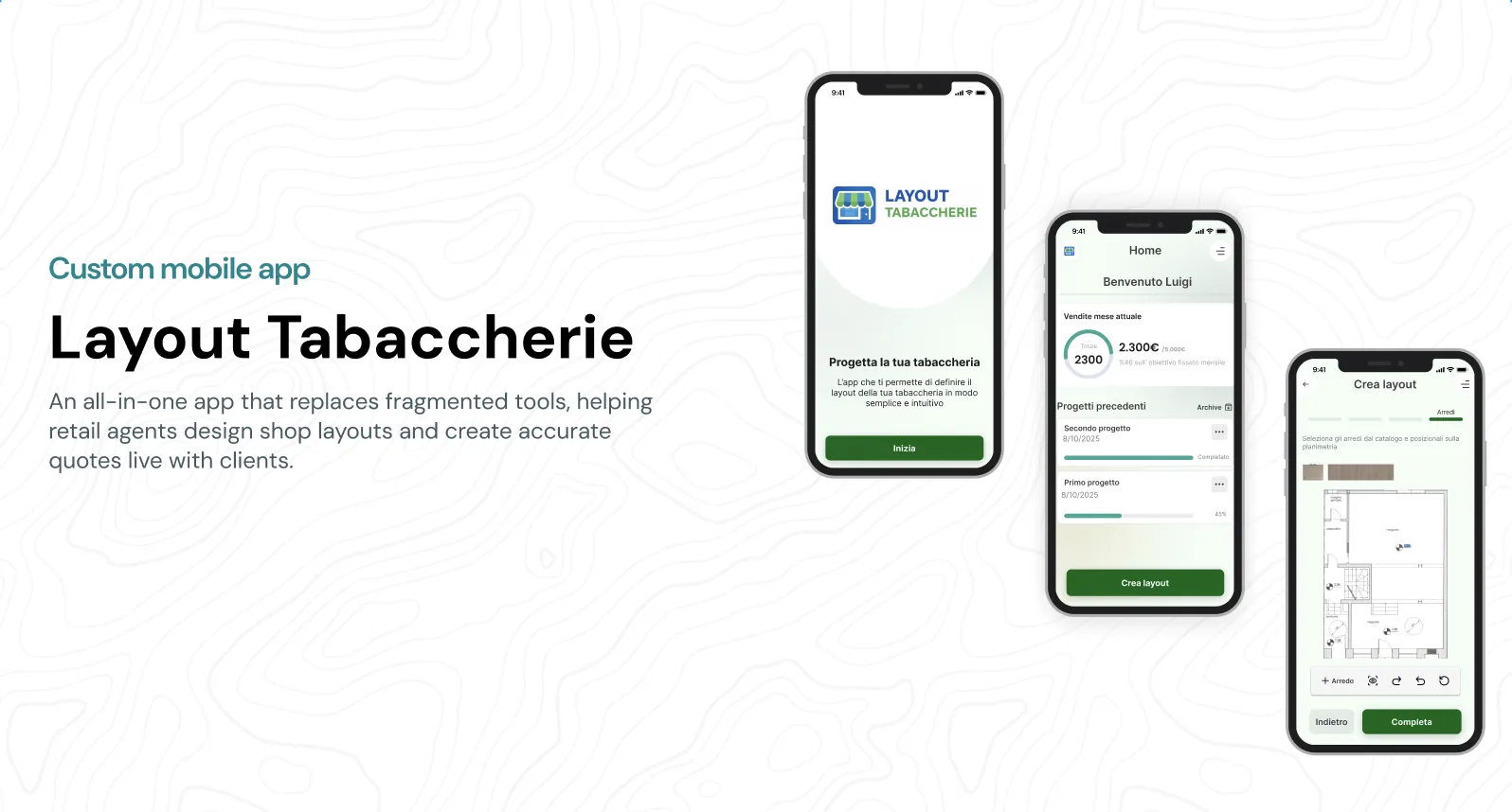 App mobile Layout Tabaccherie su tre telefoni