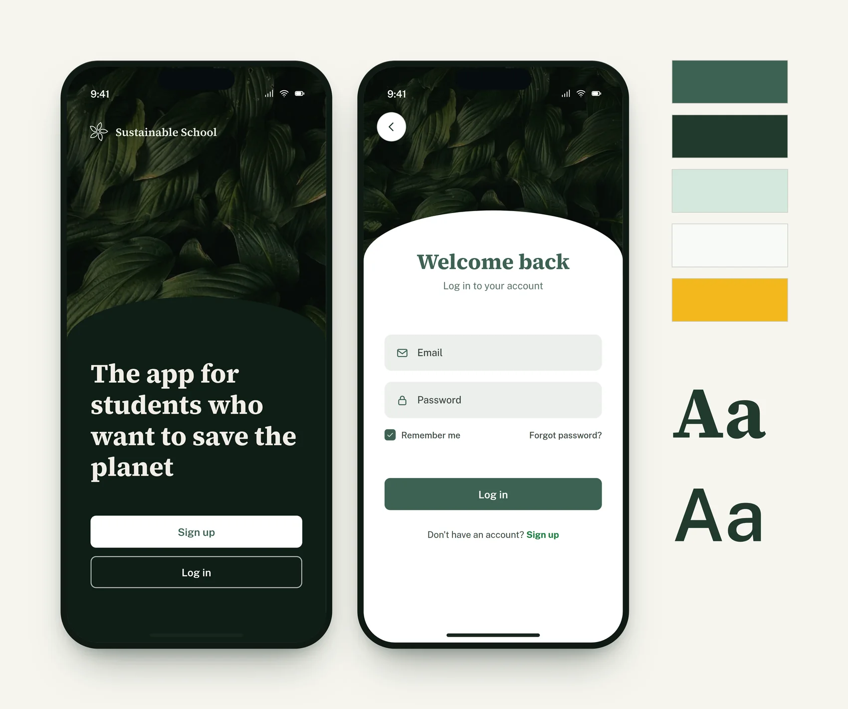 Schermate di benvenuto e accesso dell'app finale su due telefoni, accanto ai cinque campioni di colore e ai due caratteri.