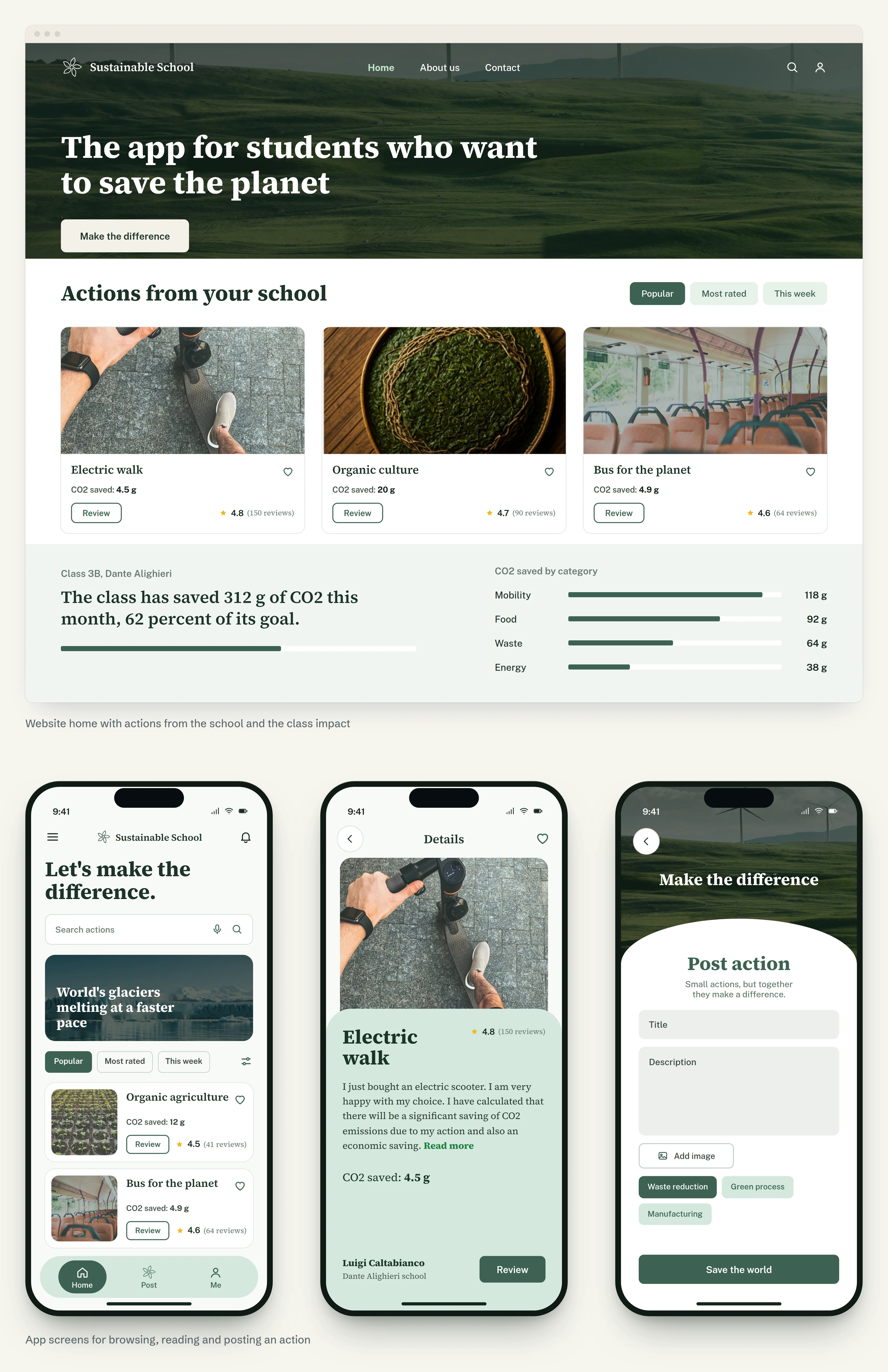 Home del sito Sustainable School con hero, tre card di azioni e impatto della classe con CO2 per categoria, sopra tre schermate dell'app: feed della home, dettaglio dell'azione Electric walk e pubblicazione di un'azione.