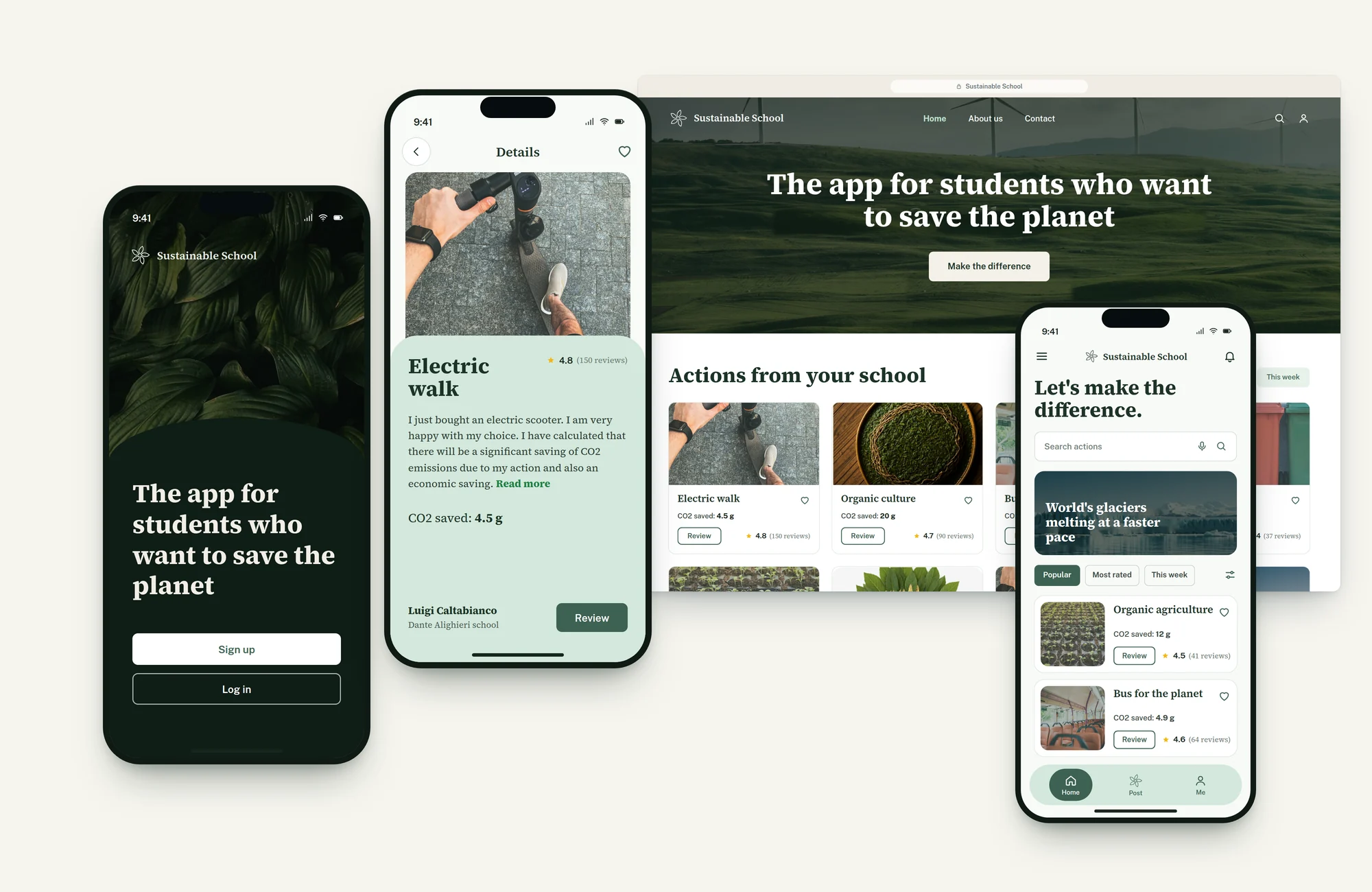 Schermate dell'app Sustainable School e home page del sito sovrapposte su sfondo crema: benvenuto su foglie scure, dettaglio dell'azione Electric walk e feed della home.