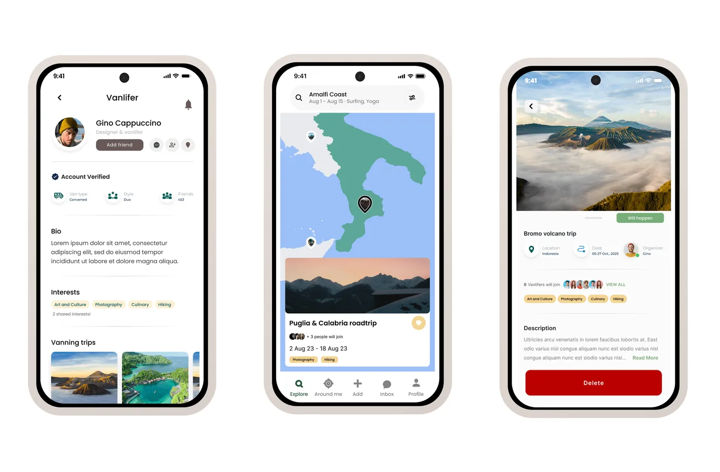 Schermate dell'app ad alta fedeltà, profilo, mappa e viaggio