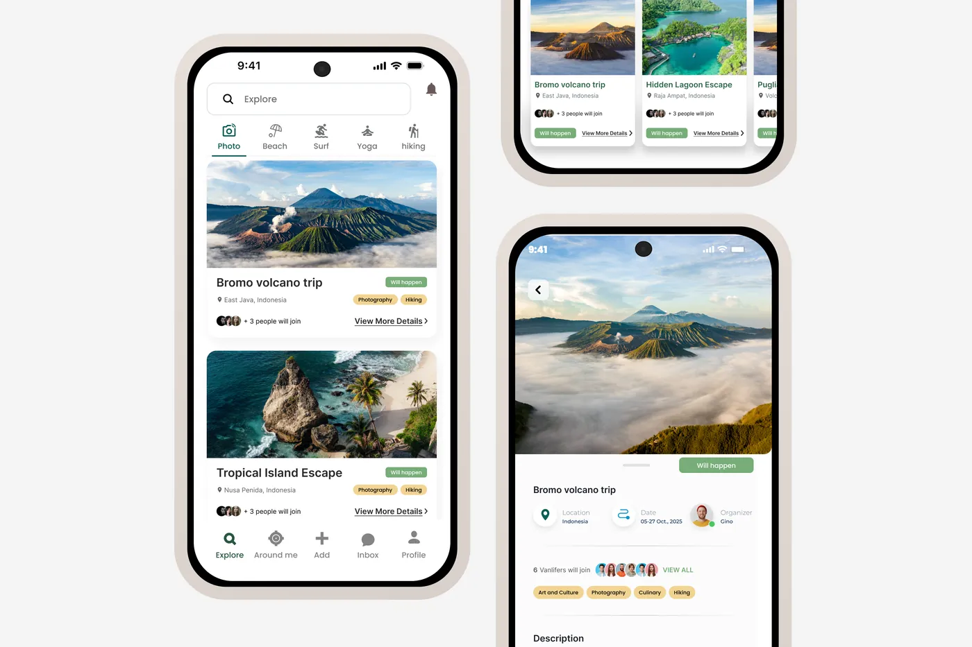 Mockup dell'app Zvanning, viaggi e dettaglio