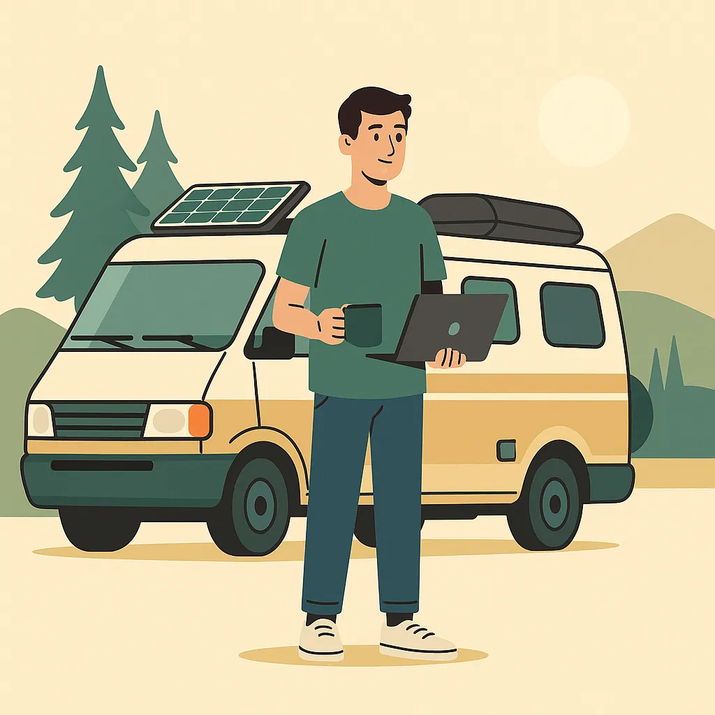 Un vanlifer solitario con camper e portatile
